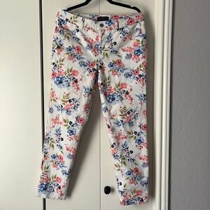 Talbots Floral Print Ankle Pants Simply Flattering 5-Pocket White‎ Size 10